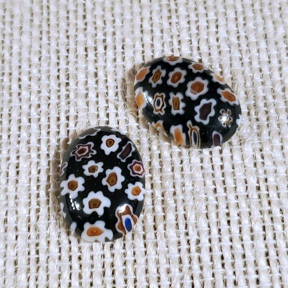 Millefiori Art Glass Cabochons 18x13mm Oval Black Multi White Flowers 2 pcs